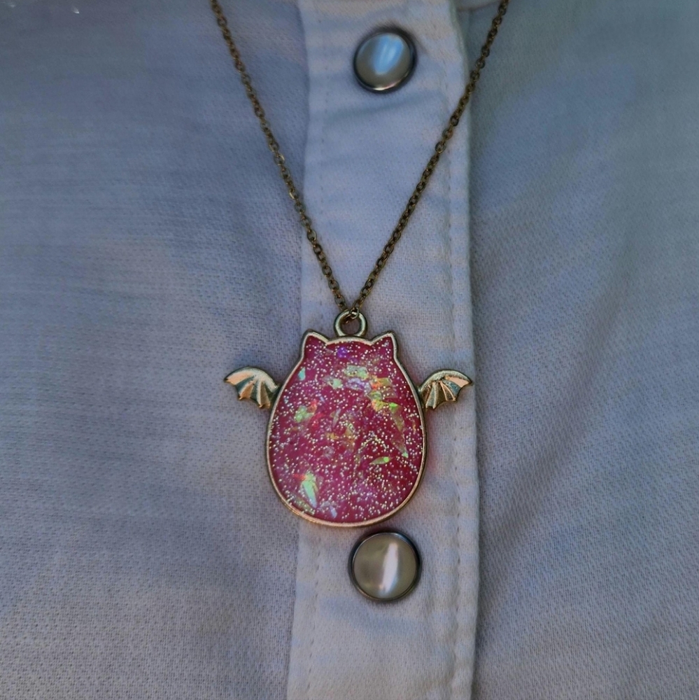 Sparkly Holographic Pink Batwing Cat Pendant - Handmade Halloween Resin Jewelry